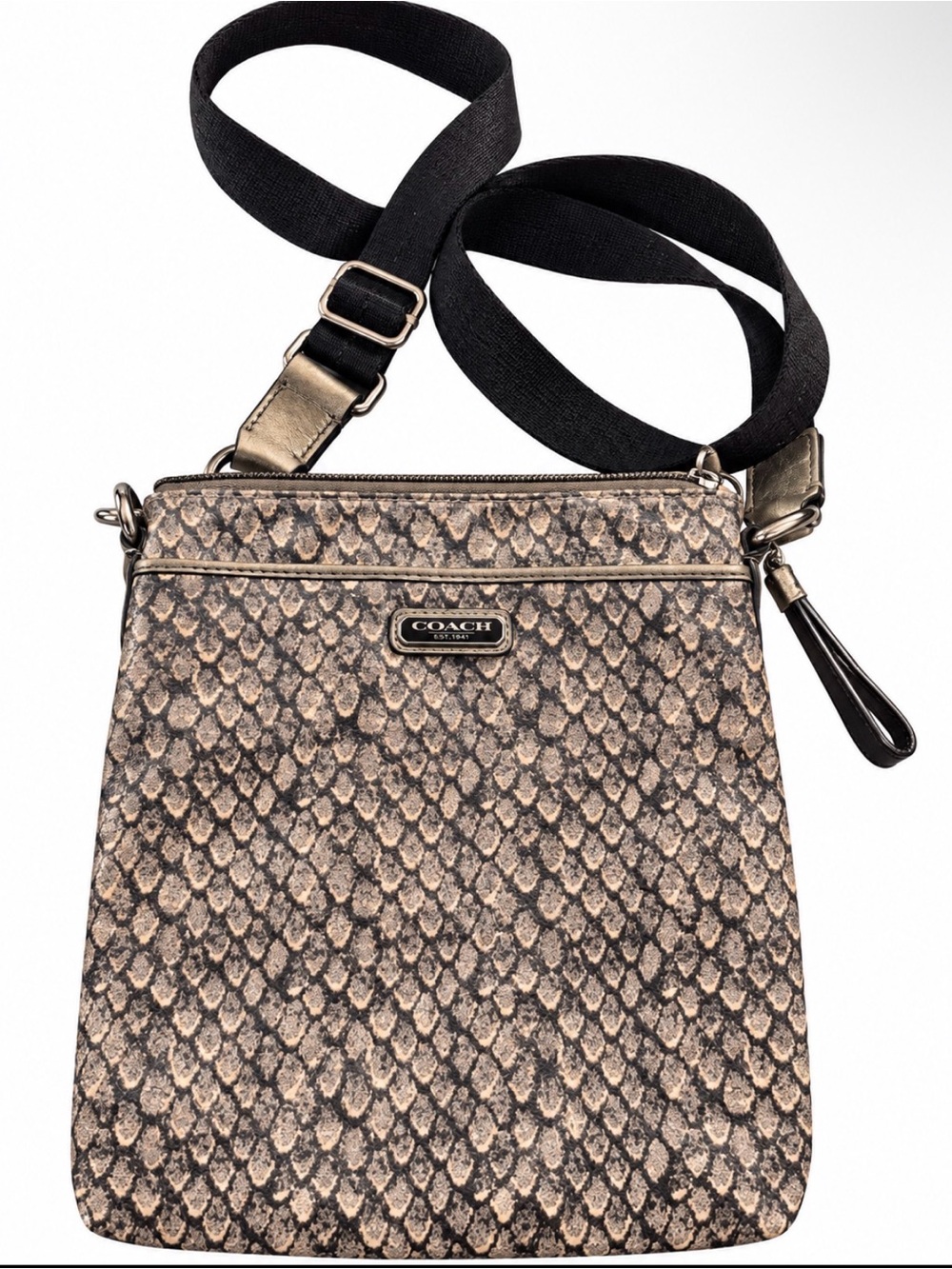 Coach Snakeskin Print Crossbody Bag Black Adjustable Strap Tan Gray